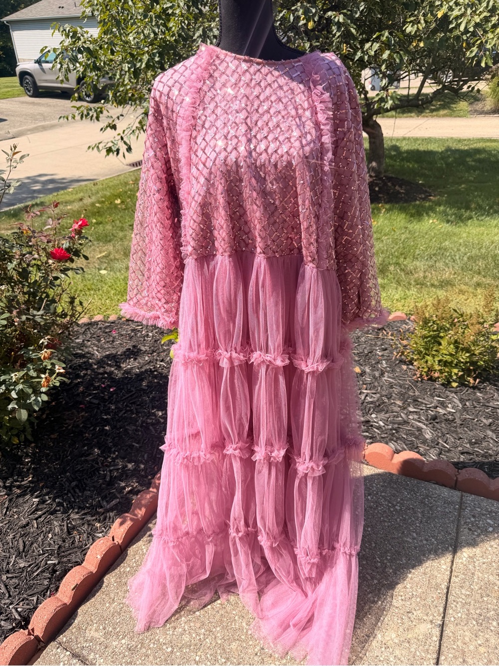 Dainty Jewells Pink Beaded Tulle Womens Formal Dress